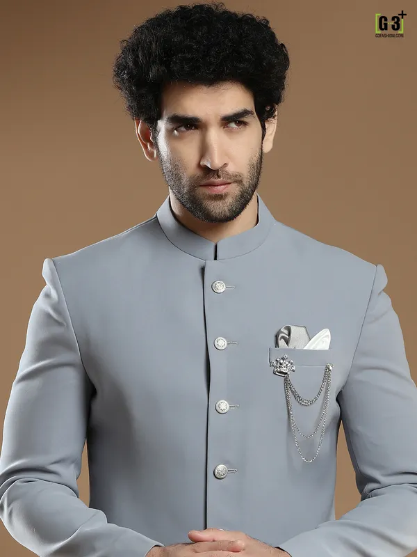 Grey solid terry rayon indo western for wedding