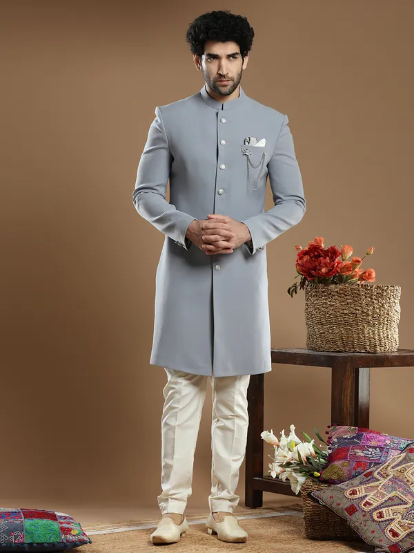 Grey solid terry rayon indo western for wedding