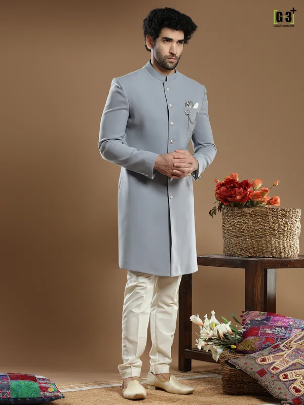 Grey solid terry rayon indo western for wedding