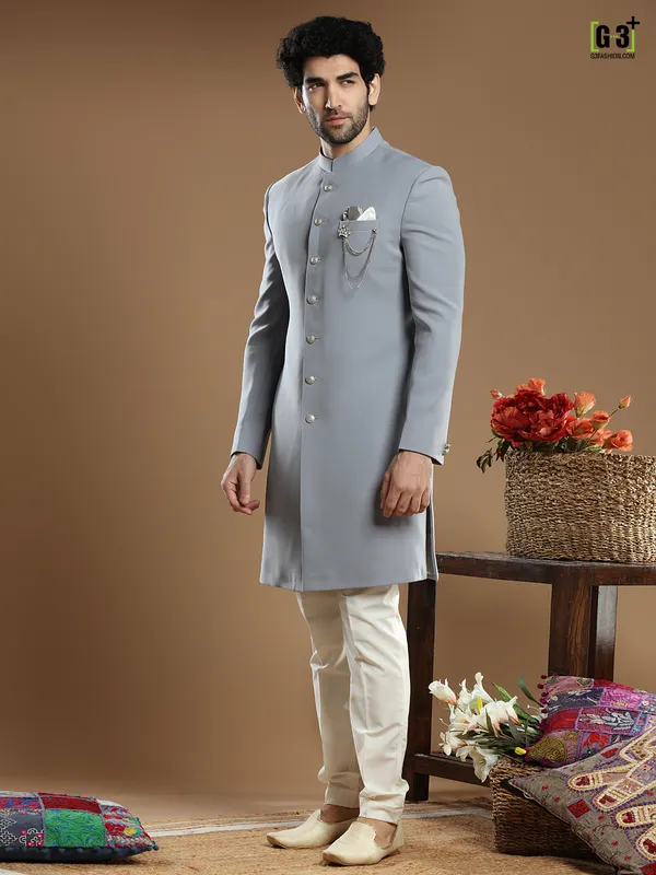 Grey solid terry rayon indo western for wedding