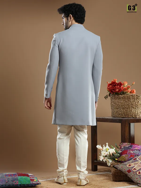 Grey solid terry rayon indo western for wedding