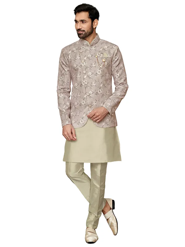 Wedding look beige indowestern in silk