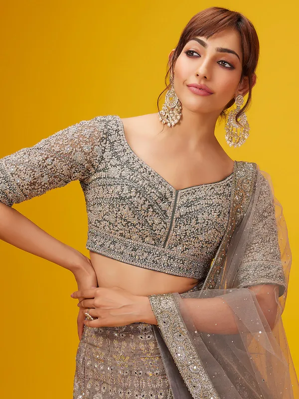 Wedding look beige silk lehenga choli