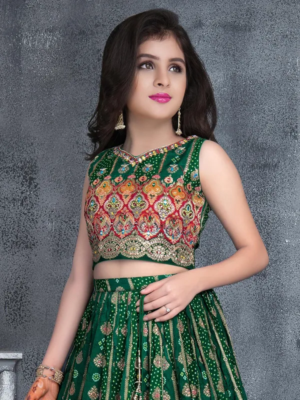 Wedding look dark green lehenga choli in silk for girls