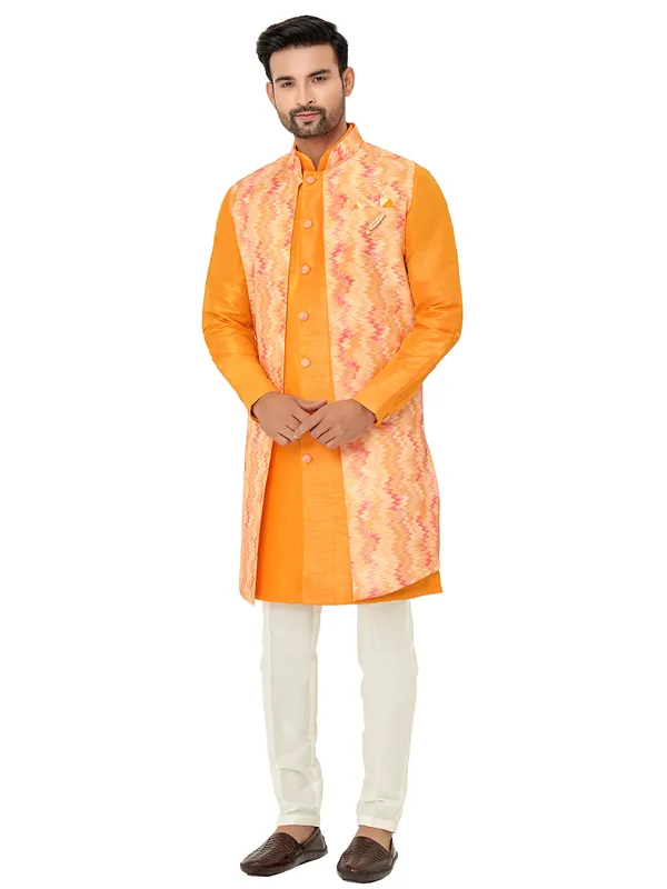 Wedding look orange silk indowestern