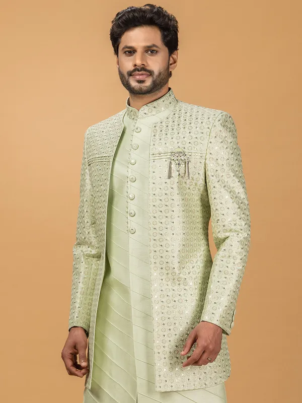 Wedding look silk indowestern in light green