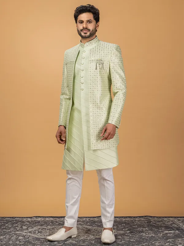 Wedding look silk indowestern in light green