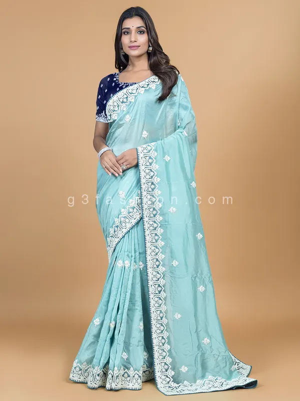 Wedding look sky blue soft organza saree