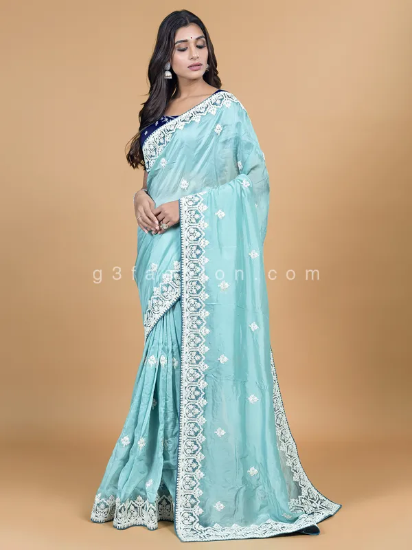 Wedding look sky blue soft organza saree