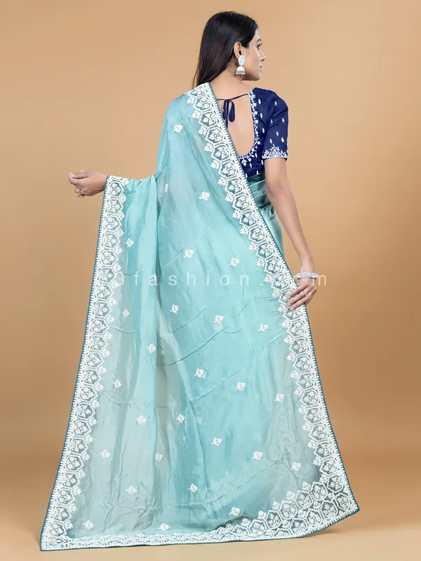 Wedding look sky blue soft organza saree