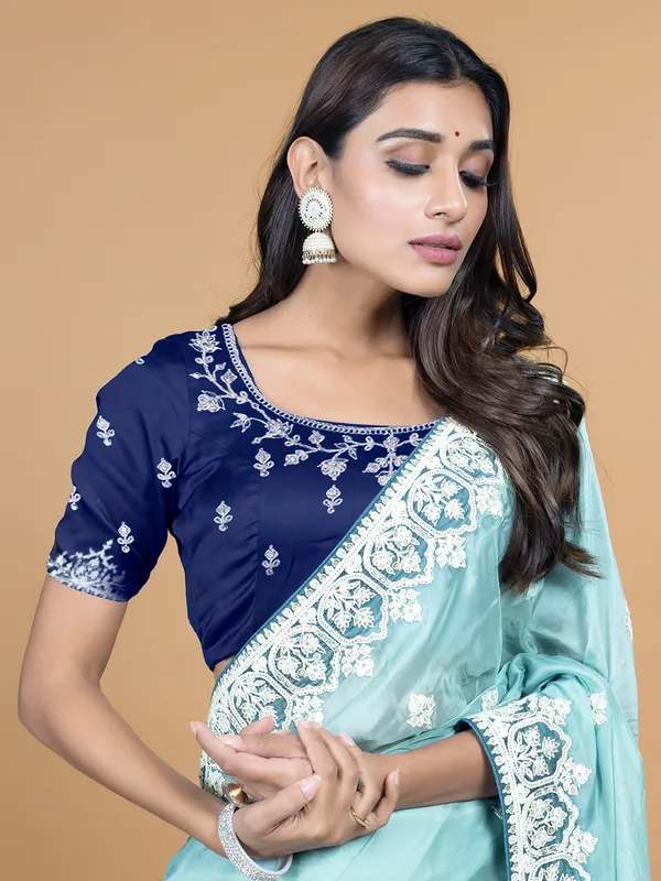 Wedding look sky blue soft organza saree