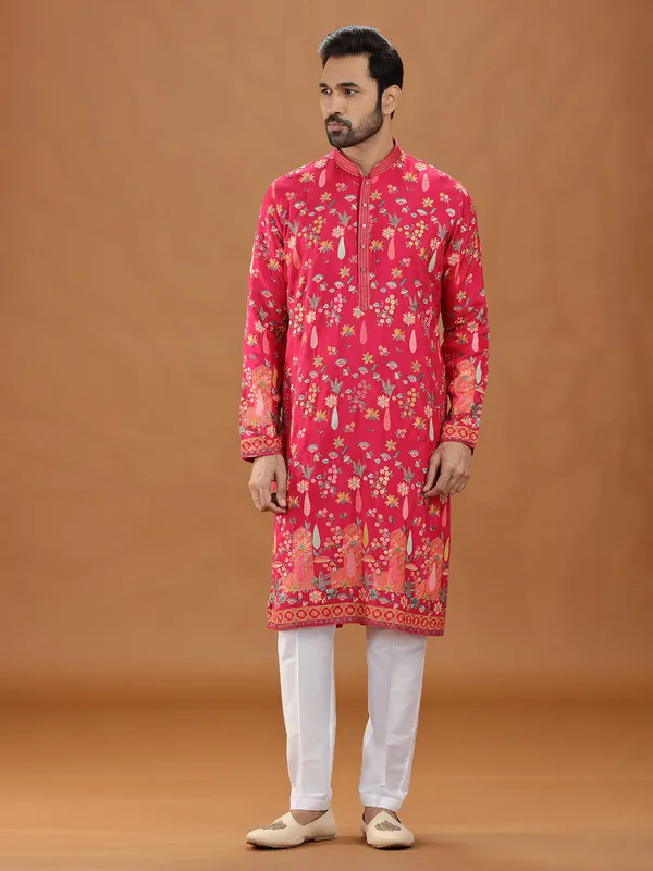 Wedding magenta viscose embroidered kurta attire