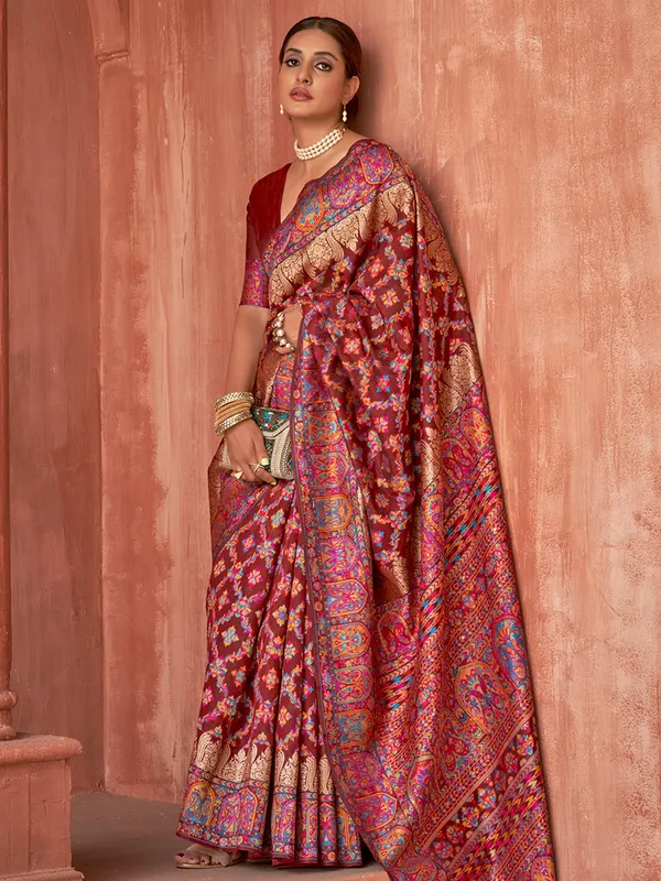 Wedding maroon pashmina cotton silk saree