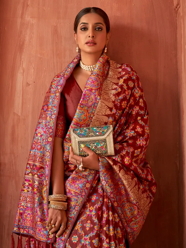 Wedding maroon pashmina cotton silk saree