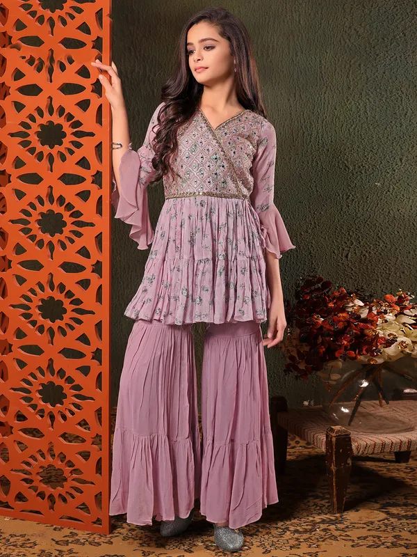 Wedding printed mauve purple sharara set