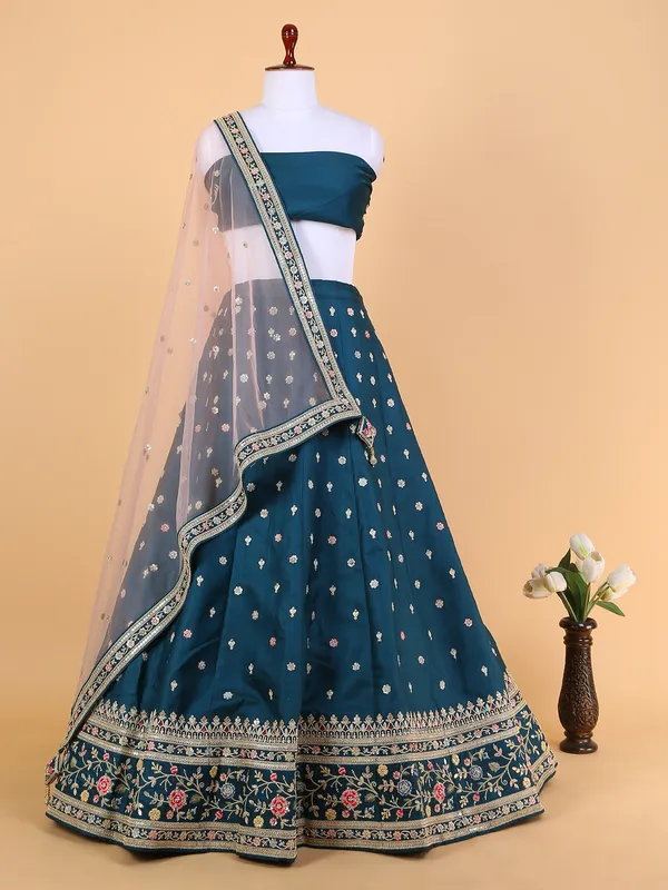Wedding raw silk rama blue women lehenga choli
