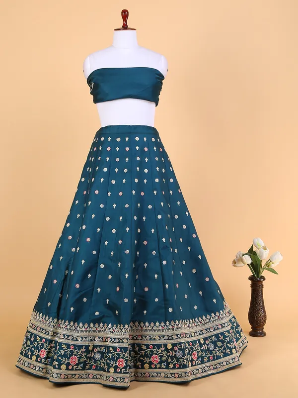 Wedding raw silk rama blue women lehenga choli