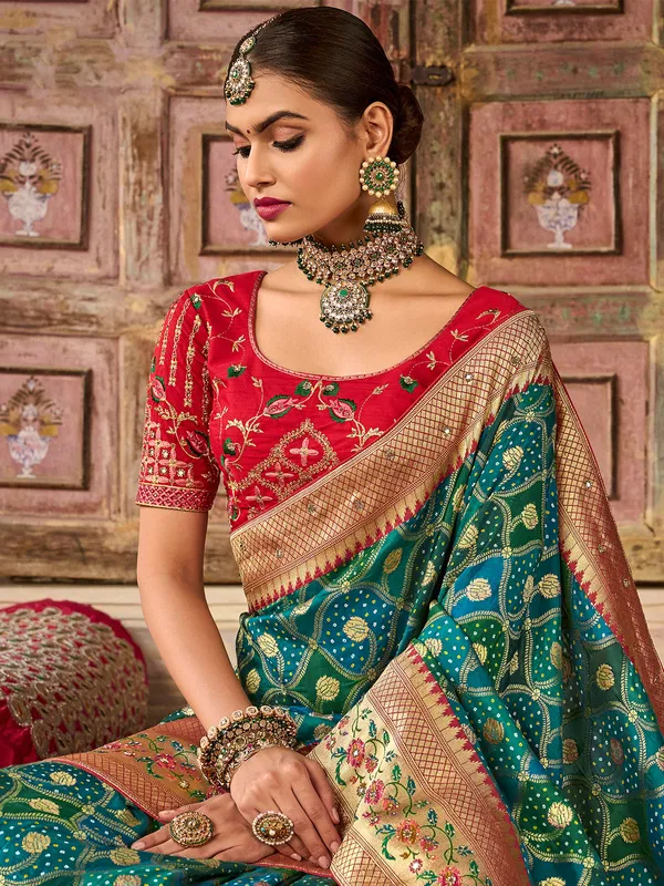 Wedding rich dola silk printed saree in blue and green