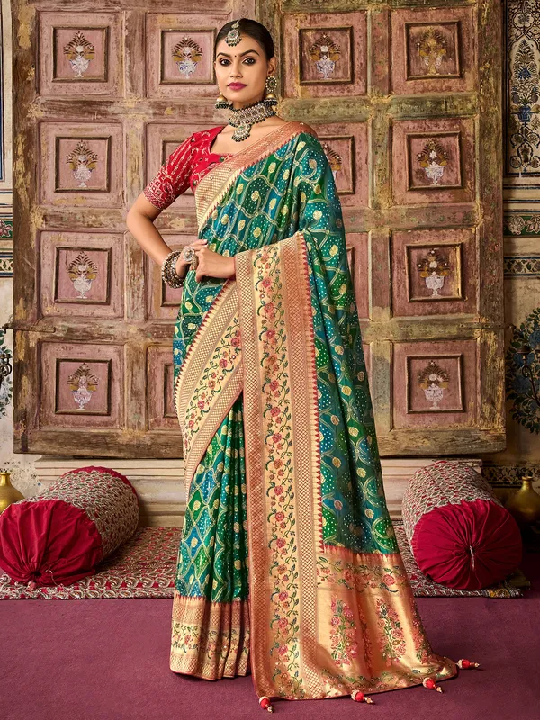 Wedding rich dola silk printed saree in blue and green