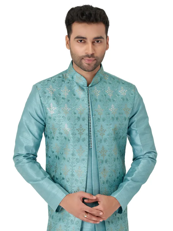 Wedding sea green silk indowestern