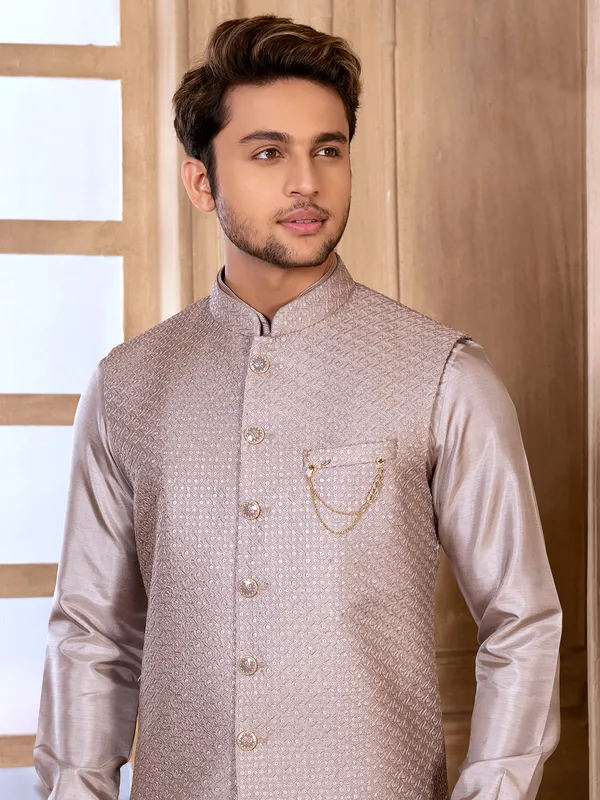 Wedding silk waistcoat set in fawn beige