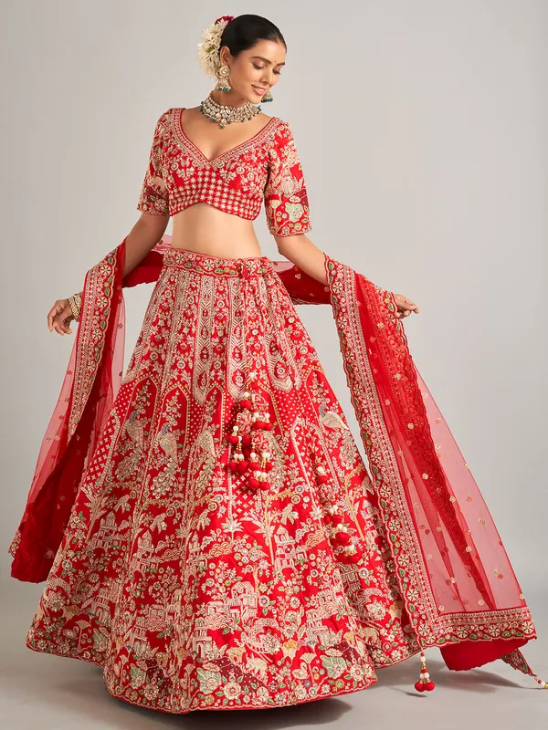 Wedding special red lehenga choli in raw silk