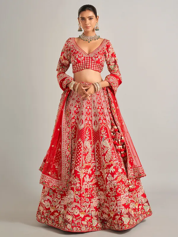 Wedding special red lehenga choli in raw silk