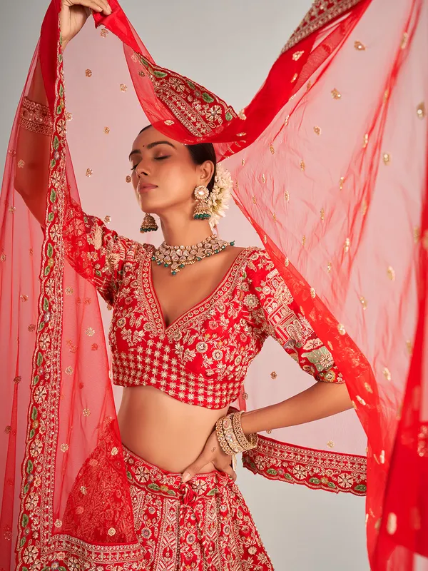 Wedding special red lehenga choli in raw silk