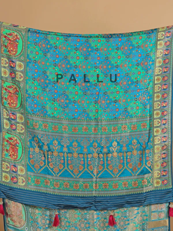 Wedding style blue silk printed saree