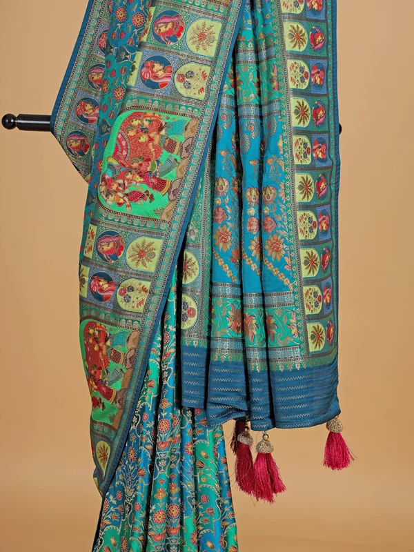 Wedding style blue silk printed saree
