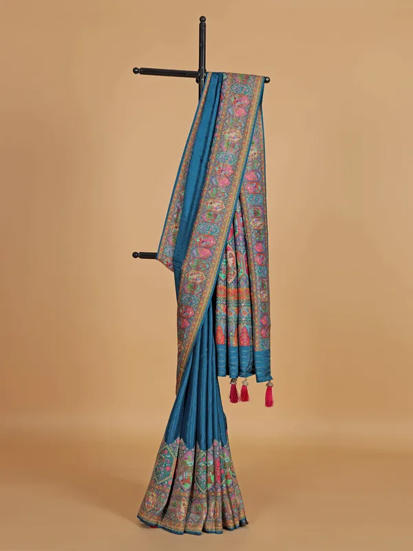 Wedding style blue silk printed saree for women