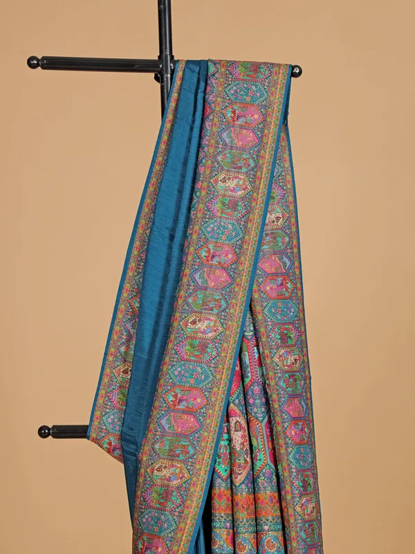 Wedding style blue silk printed saree for women