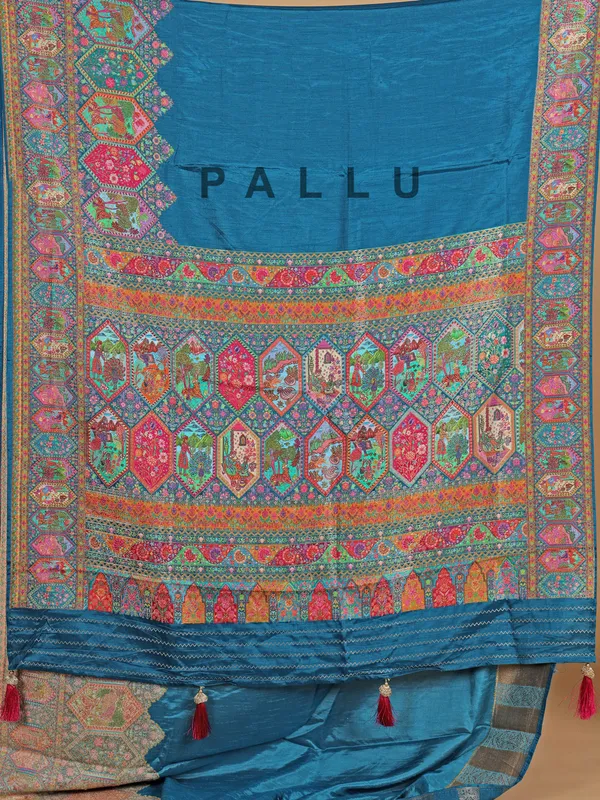 Wedding style blue silk printed saree for women