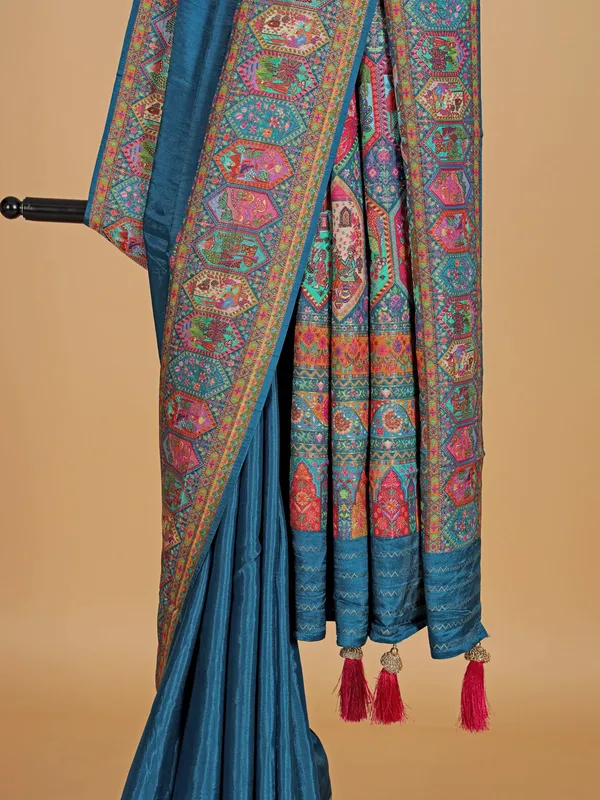 Wedding style blue silk printed saree for women