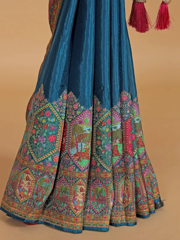 Wedding style blue silk printed saree for women