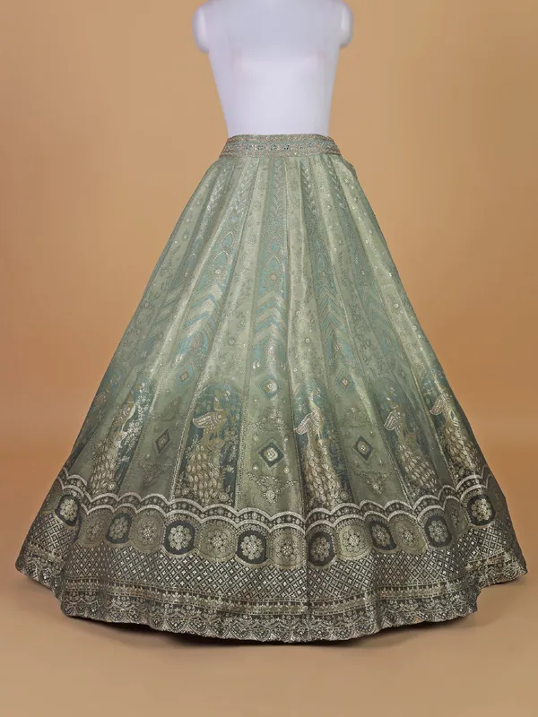 Wedding style bottle green raw silk lehenga choli with dupatta