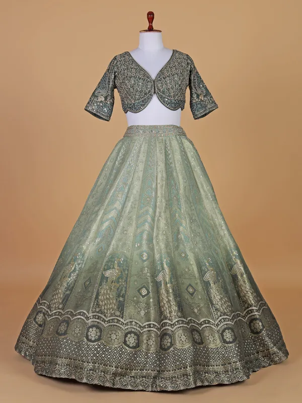 Wedding style bottle green raw silk lehenga choli with dupatta