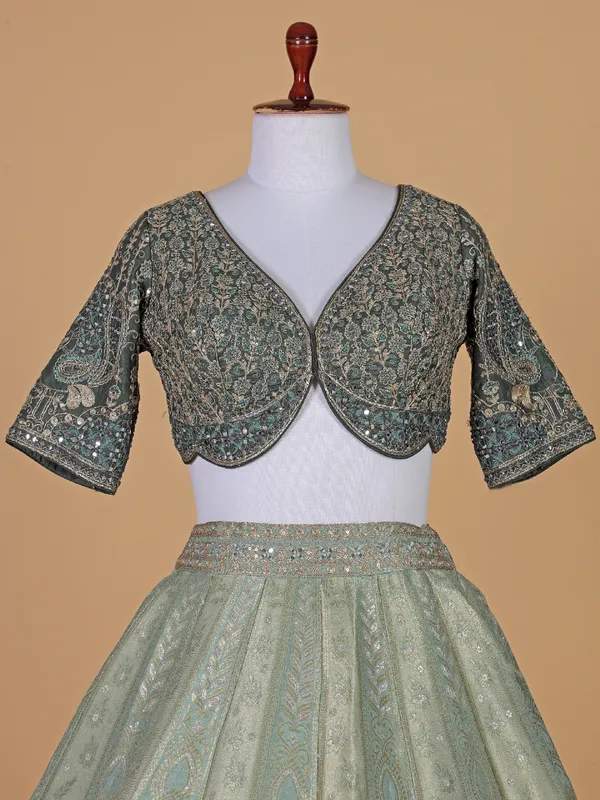 Wedding style bottle green raw silk lehenga choli with dupatta