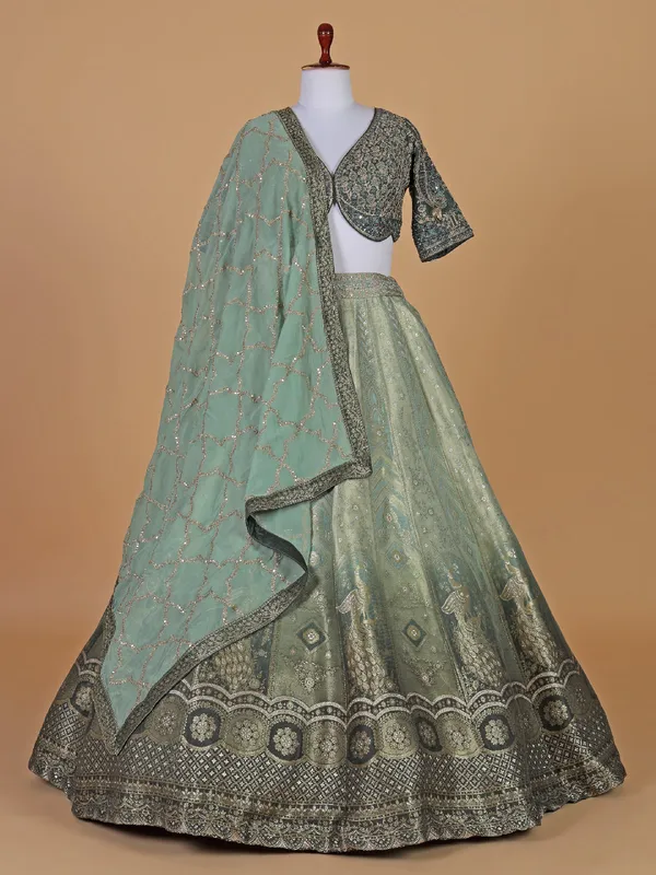 Wedding style bottle green raw silk lehenga choli with dupatta