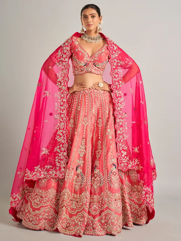 Wedding style coral pink silk lehenga choli