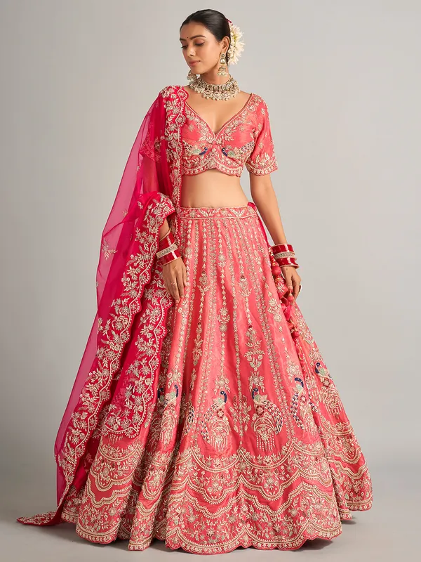 Wedding style coral pink silk lehenga choli