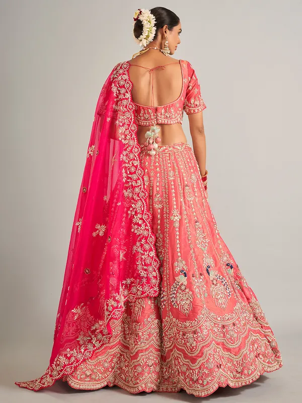 Wedding style coral pink silk lehenga choli