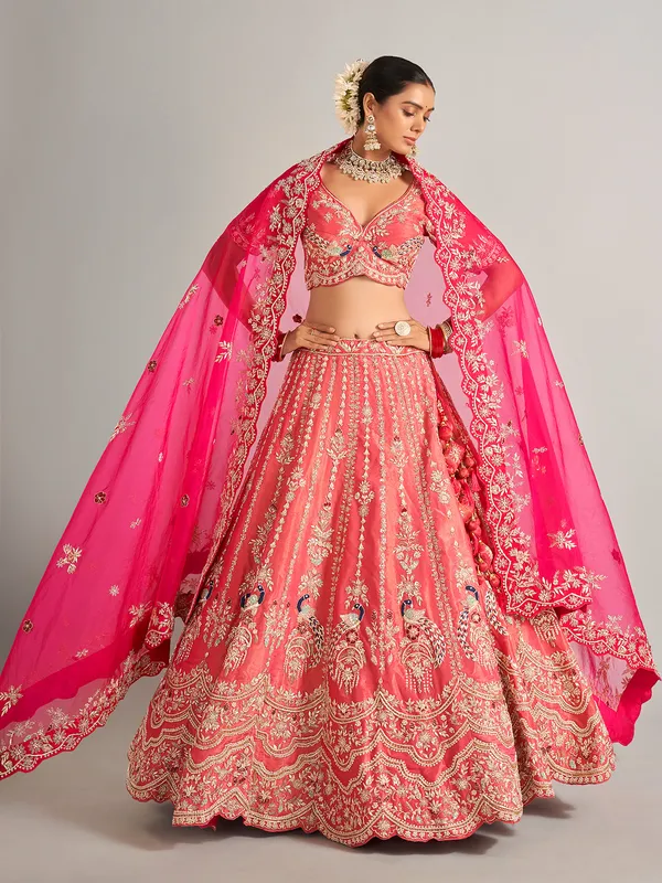 Wedding style coral pink silk lehenga choli