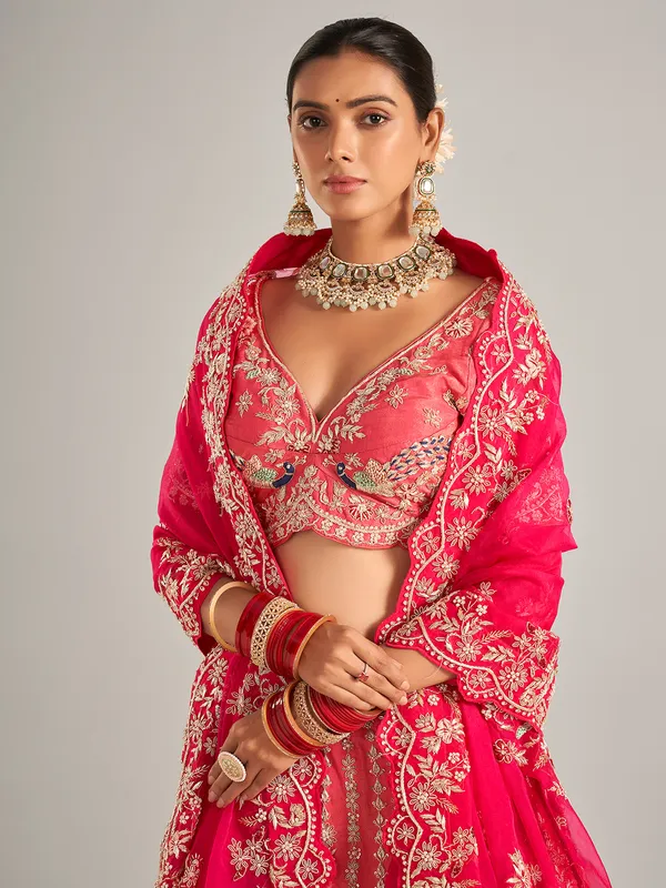 Wedding style coral pink silk lehenga choli
