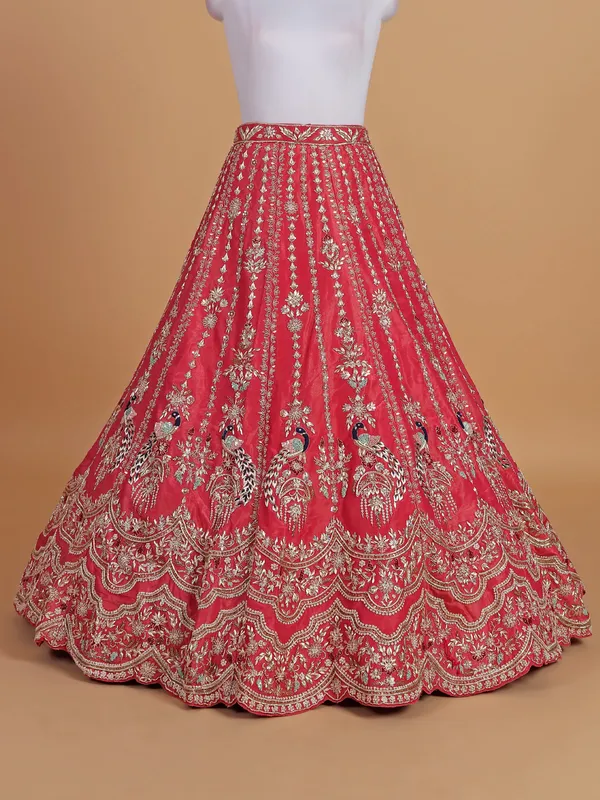 Wedding style coral red silk unstitched lehenga choli