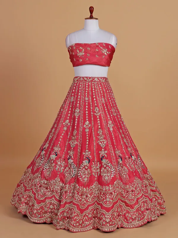 Wedding style coral red silk unstitched lehenga choli