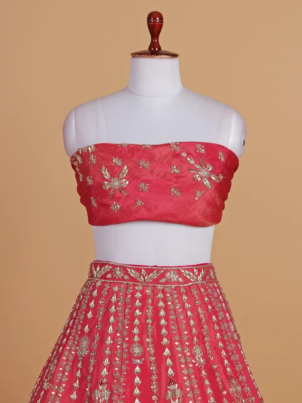 Wedding style coral red silk unstitched lehenga choli