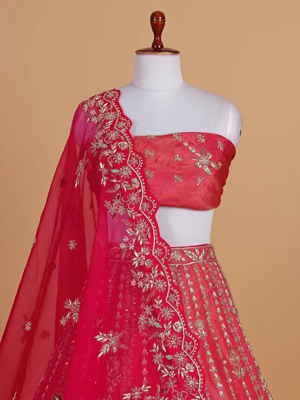 Wedding style coral red silk unstitched lehenga choli