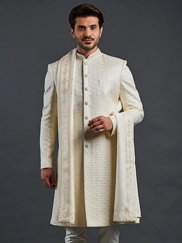 Wedding style cream raw silk sherwani for groom