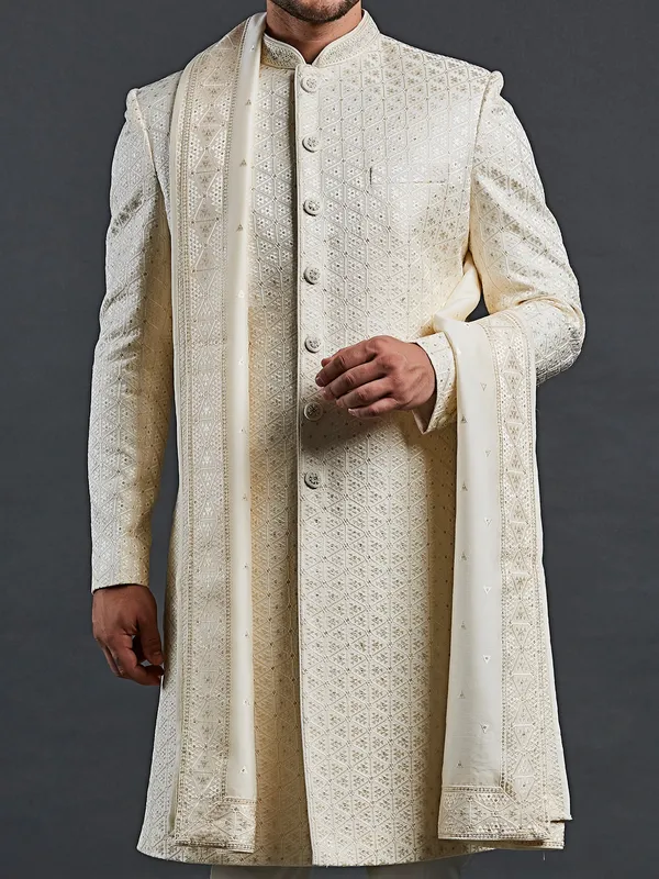 Wedding style cream raw silk sherwani for groom